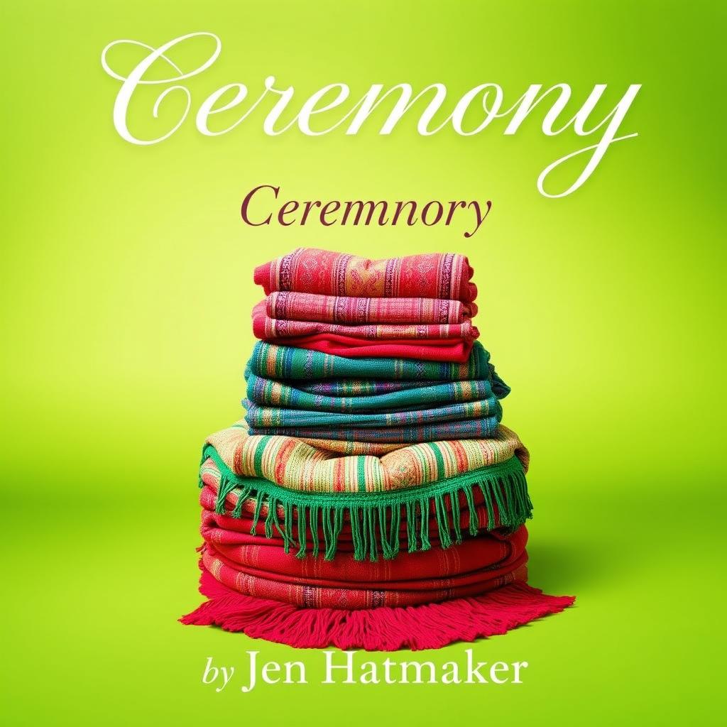 A visually engaging book cover design for 'Ceremony' by Jen Hatmaker featuring a stunning composition of piled rebozos set against a vibrant green background