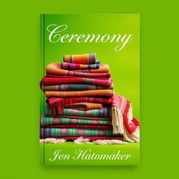A visually engaging book cover design for 'Ceremony' by Jen Hatmaker featuring a stunning composition of piled rebozos set against a vibrant green background