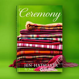 A visually engaging book cover design for 'Ceremony' by Jen Hatmaker featuring a stunning composition of piled rebozos set against a vibrant green background