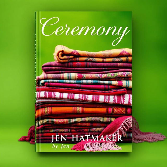 A visually engaging book cover design for 'Ceremony' by Jen Hatmaker featuring a stunning composition of piled rebozos set against a vibrant green background