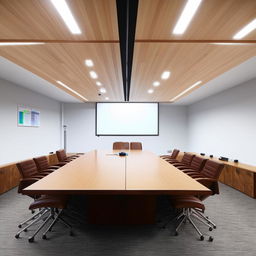 A professional briefing room with a large wooden table centered, surrounded by leather chairs. A large screen for presentations is on the wall at the front, and various communication tools are available.