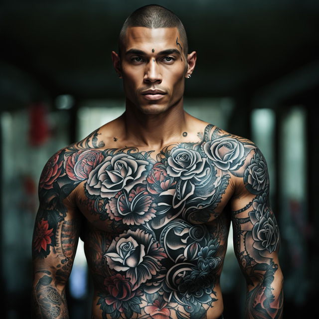 Male model in fitted tank top with intricate black floral tattoos on arms, captured in high-resolution 32k photography with a 200mm lens