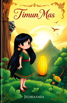 A vibrant and enchanting book cover illustrating the story of Timun Mas, featuring a brave young girl with long black hair, wearing a traditional Indonesian dress, standing confidently on a lush green landscape