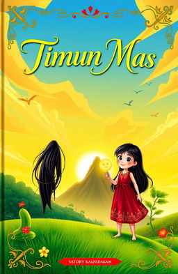 A vibrant and enchanting book cover illustrating the story of Timun Mas, featuring a brave young girl with long black hair, wearing a traditional Indonesian dress, standing confidently on a lush green landscape