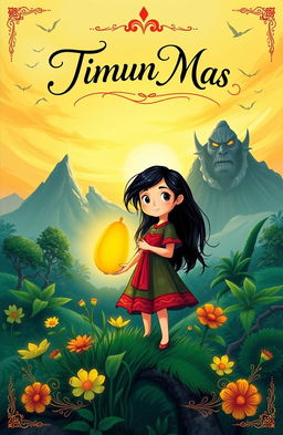 A vibrant and enchanting book cover illustrating the story of Timun Mas, featuring a brave young girl with long black hair, wearing a traditional Indonesian dress, standing confidently on a lush green landscape