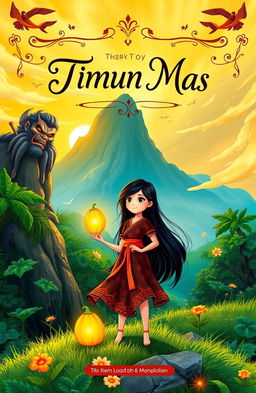 A vibrant and enchanting book cover illustrating the story of Timun Mas, featuring a brave young girl with long black hair, wearing a traditional Indonesian dress, standing confidently on a lush green landscape