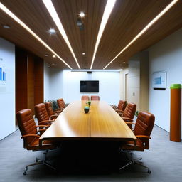 A professional briefing room with a large wooden table centered, surrounded by leather chairs. A large screen for presentations is on the wall at the front, and various communication tools are available.