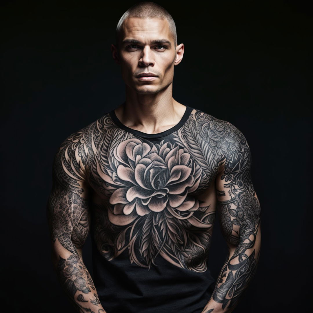 High-resolution photograph of a handsome male model in a t-shirt, showcasing intricate black floral tattoos on his arms, taken with a 200mm lens