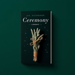 A striking book cover design for 'Ceremony: A Memoir' by Jen Hatmaker, featuring a prominent sage bundle against a dark green background
