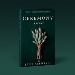 A striking book cover design for 'Ceremony: A Memoir' by Jen Hatmaker, featuring a prominent sage bundle against a dark green background