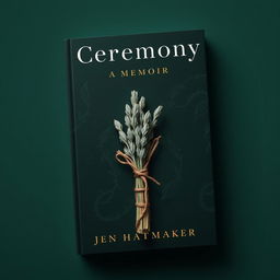A striking book cover design for 'Ceremony: A Memoir' by Jen Hatmaker, featuring a prominent sage bundle against a dark green background