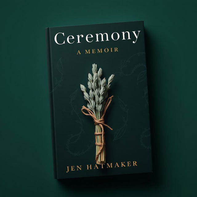 A striking book cover design for 'Ceremony: A Memoir' by Jen Hatmaker, featuring a prominent sage bundle against a dark green background