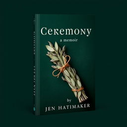 A striking book cover design for 'Ceremony: A Memoir' by Jen Hatmaker, featuring a prominent sage bundle against a dark green background