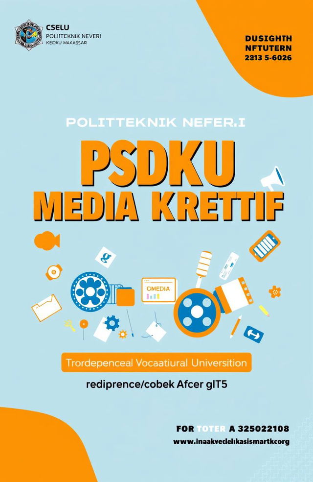 Design a cover for the revitalization of Politeknik Negeri Media Kreatif PSDKu Makassar, incorporating elements that represent a transition to an independent vocational university