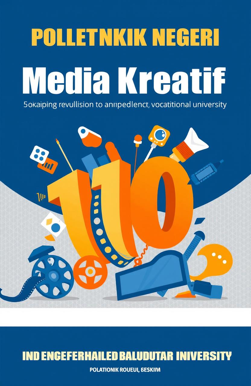 Design a cover for the revitalization of Politeknik Negeri Media Kreatif PSDKu Makassar, incorporating elements that represent a transition to an independent vocational university