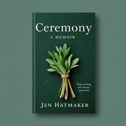 An elegant book cover design for 'Ceremony: A Memoir' by Jen Hatmaker, featuring a beautifully arranged sage bundle wrapped in twine