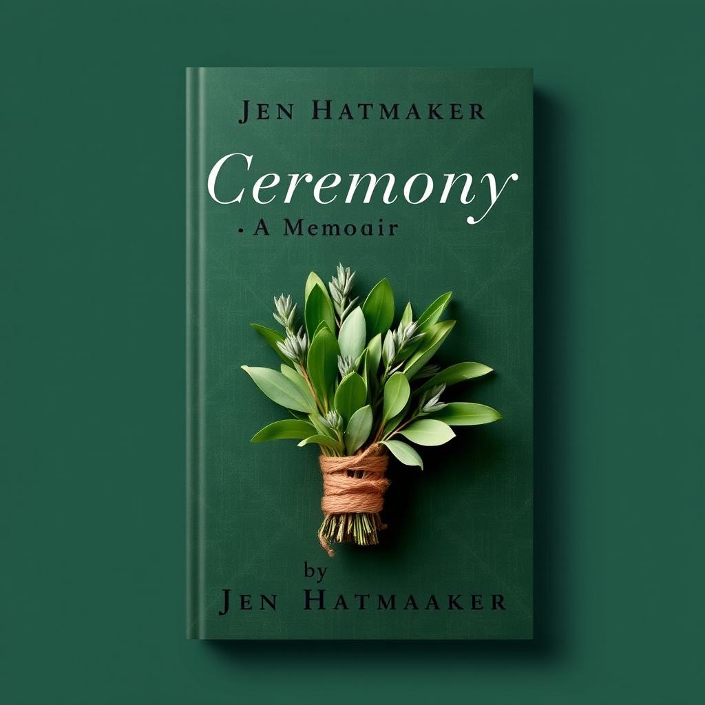 An elegant book cover design for 'Ceremony: A Memoir' by Jen Hatmaker, featuring a beautifully arranged sage bundle wrapped in twine