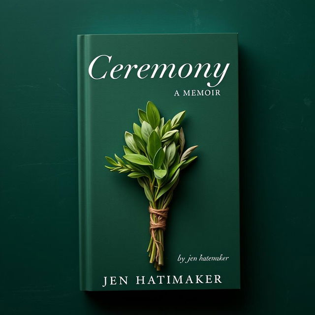 An elegant book cover design for 'Ceremony: A Memoir' by Jen Hatmaker, featuring a beautifully arranged sage bundle wrapped in twine