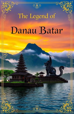 A mystical and captivating book cover representing the Legend of Danau Batur, featuring a serene lake surrounded by lush green mountains, shrouded in mist