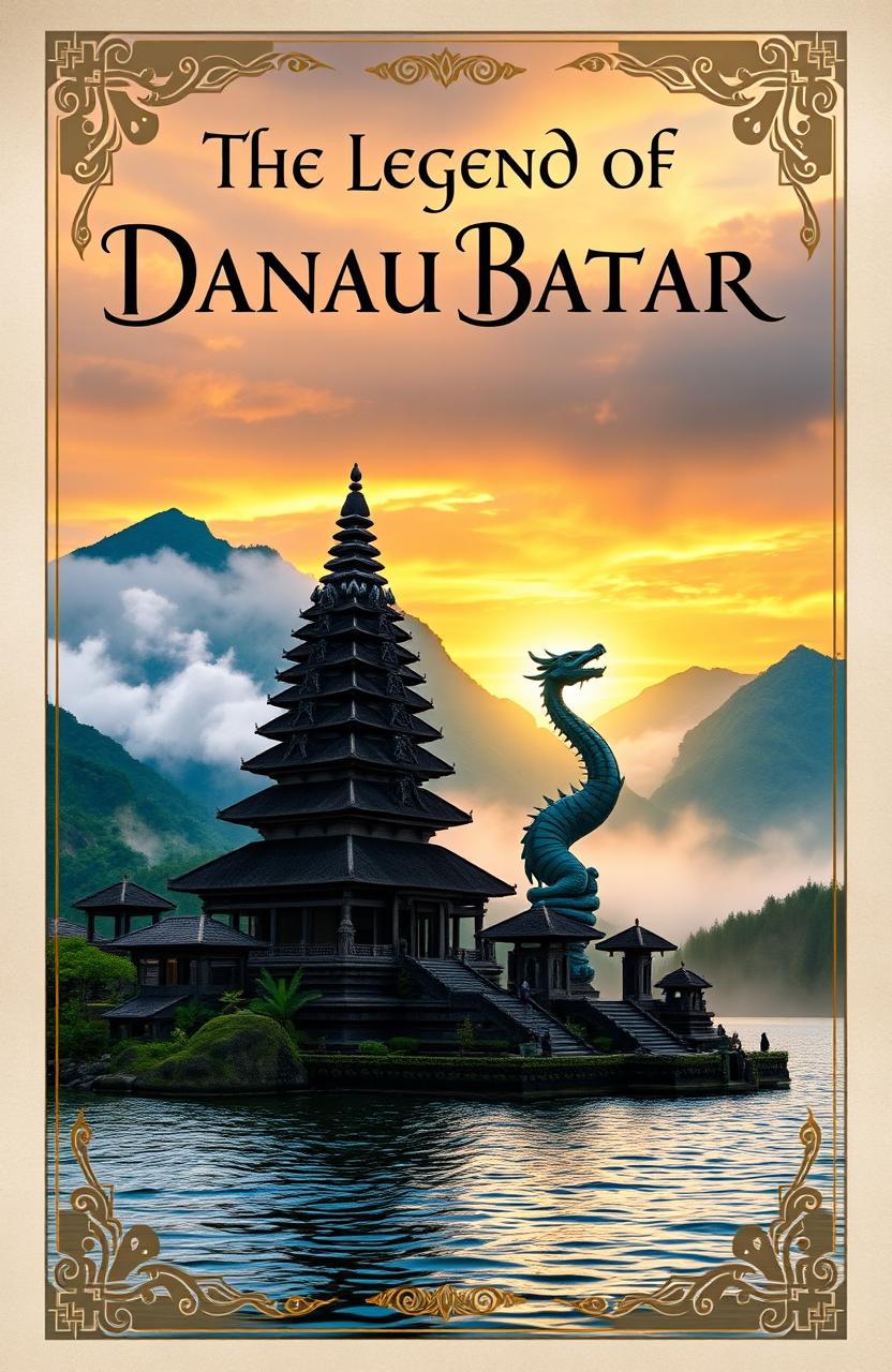 A mystical and captivating book cover representing the Legend of Danau Batur, featuring a serene lake surrounded by lush green mountains, shrouded in mist