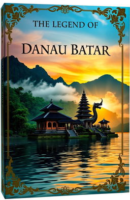 A mystical and captivating book cover representing the Legend of Danau Batur, featuring a serene lake surrounded by lush green mountains, shrouded in mist