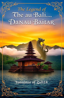 A mystical and captivating book cover representing the Legend of Danau Batur, featuring a serene lake surrounded by lush green mountains, shrouded in mist