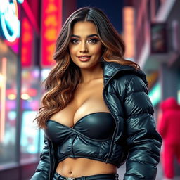 A hot girl in a tight, shiny black puffer jacket that highlights her curves and big boobs