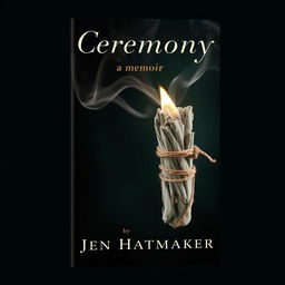An evocative book cover design for 'Ceremony: A Memoir' by Jen Hatmaker, showcasing a burning sage bundle wrapped in twine