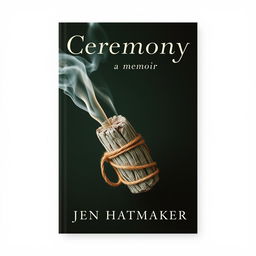 An evocative book cover design for 'Ceremony: A Memoir' by Jen Hatmaker, showcasing a burning sage bundle wrapped in twine