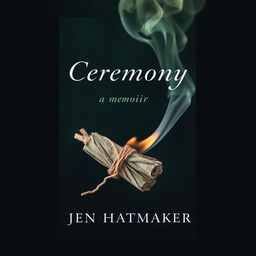 An evocative book cover design for 'Ceremony: A Memoir' by Jen Hatmaker, showcasing a burning sage bundle wrapped in twine