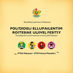 Design a cover for the revitalization of POLITEKNIK Negeri Media Kreatif PSDKU Makassar into an independent vocational university (PTN Vokasi Mandiri)