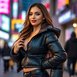 A hot girl wearing a tight, shiny black puffer jacket that accentuates her big boobs and curvy silhouette