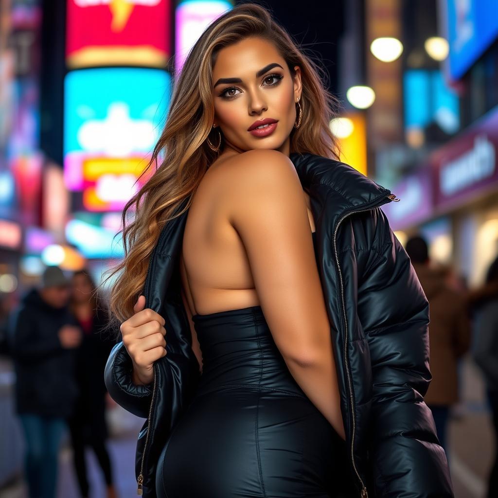 A hot girl wearing a tight, shiny black puffer jacket that accentuates her big boobs and curvy silhouette