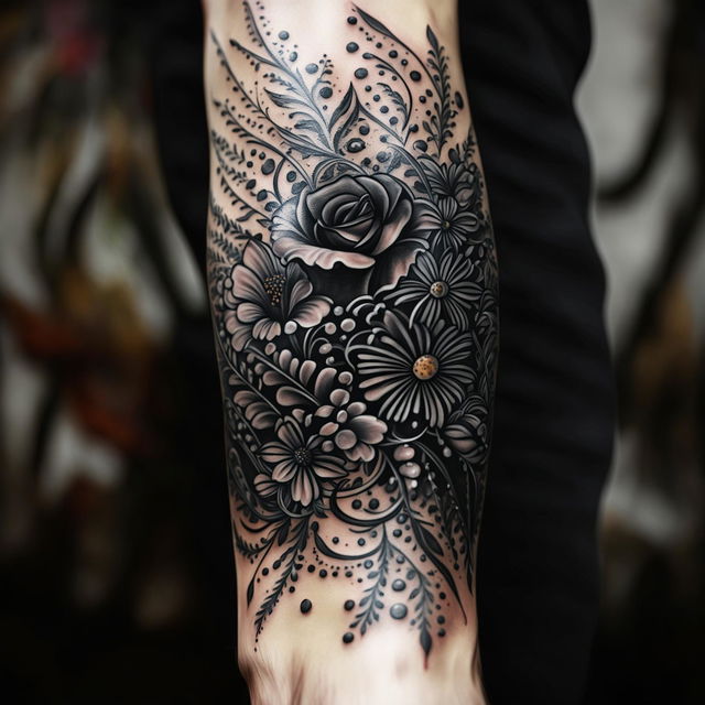 High-resolution close-up photograph of a black floral tattoo wrapping around an arm, taken with a 200mm lens.