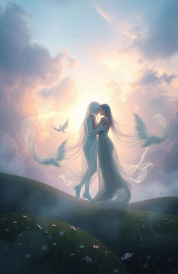 A hauntingly beautiful scene inspired by the theme 'Echos of Fragmented Souls', featuring an ethereal landscape where ghostly figures drift and intertwine, their forms semi-transparent and shimmering