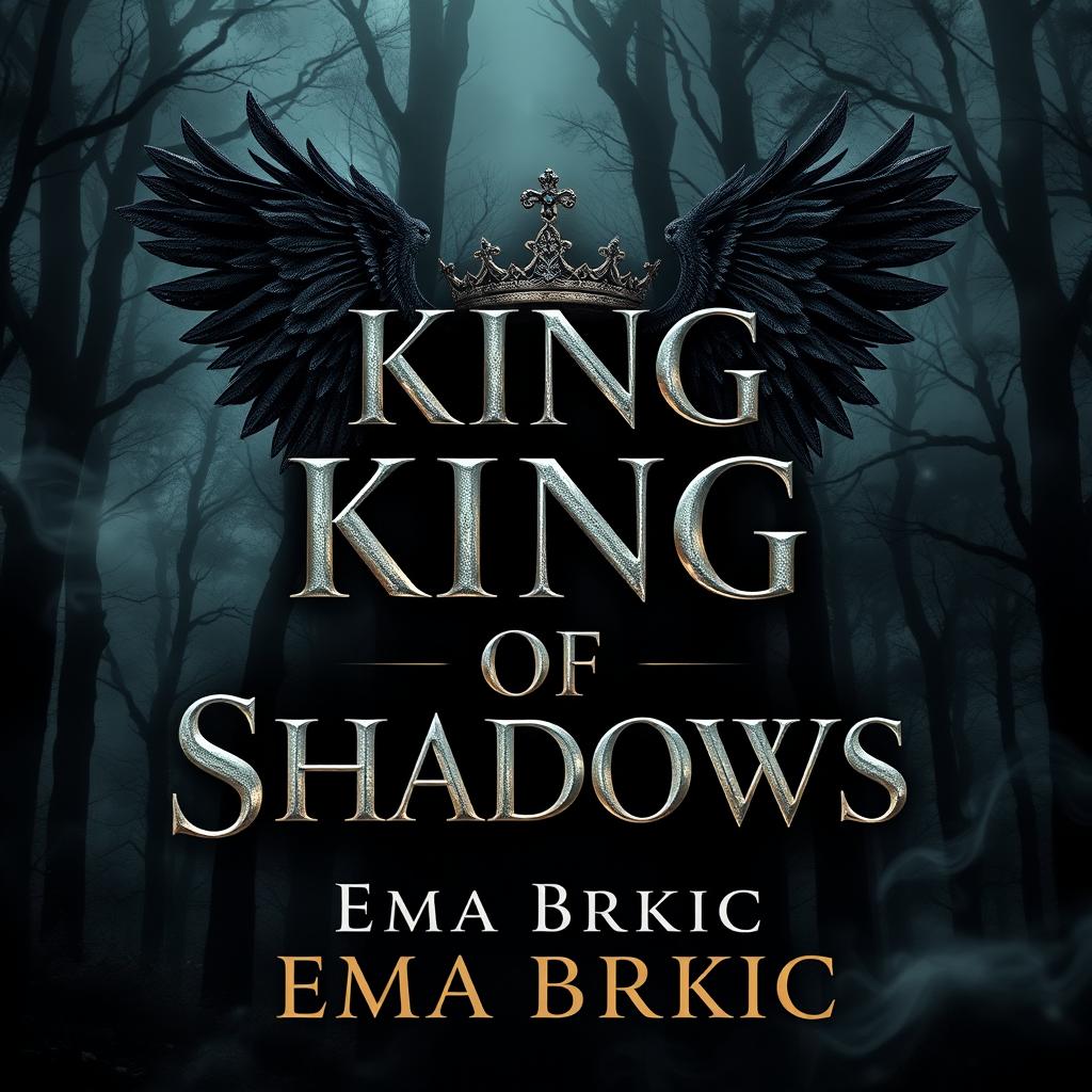 A visually striking cover design for 'King of Shadows', featuring the title rendered in bold metallic letters that catch the light against a dark background