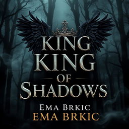 A visually striking cover design for 'King of Shadows', featuring the title rendered in bold metallic letters that catch the light against a dark background