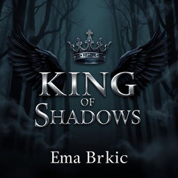 A visually striking cover design for 'King of Shadows', featuring the title rendered in bold metallic letters that catch the light against a dark background