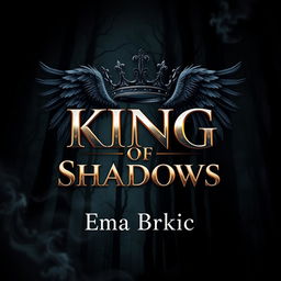 A visually striking cover design for 'King of Shadows', featuring the title rendered in bold metallic letters that catch the light against a dark background
