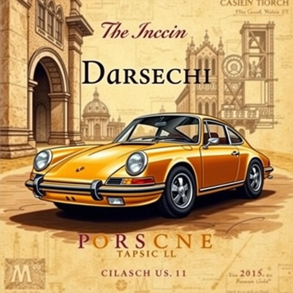 A book cover design featuring a classic Porsche 911, illustrated in a Da Vinci style