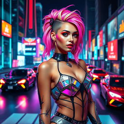 A hot girl wearing a stunning futuristic fusion fashion outfit that combines elements of cyberpunk and high fashion