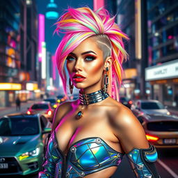 A hot girl wearing a stunning futuristic fusion fashion outfit that combines elements of cyberpunk and high fashion