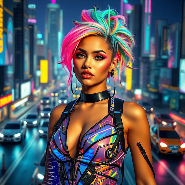 A hot girl wearing a stunning futuristic fusion fashion outfit that combines elements of cyberpunk and high fashion