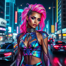 A hot girl wearing a stunning futuristic fusion fashion outfit that combines elements of cyberpunk and high fashion