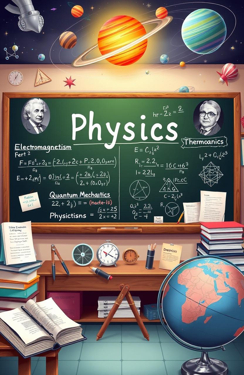 A detailed illustration of a physics assignment showcasing various branches of physics such as mechanics, electromagnetism, thermodynamics, and quantum mechanics