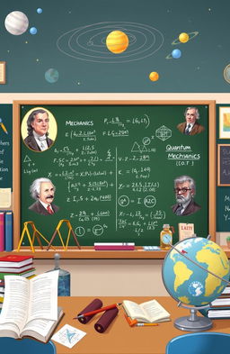 A detailed illustration of a physics assignment showcasing various branches of physics such as mechanics, electromagnetism, thermodynamics, and quantum mechanics