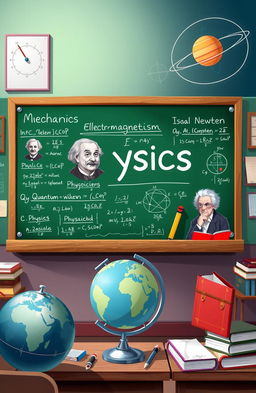 A detailed illustration of a physics assignment showcasing various branches of physics such as mechanics, electromagnetism, thermodynamics, and quantum mechanics