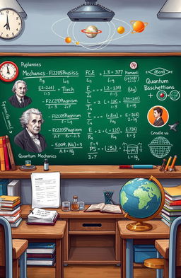A detailed illustration of a physics assignment showcasing various branches of physics such as mechanics, electromagnetism, thermodynamics, and quantum mechanics