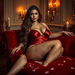A sensual scene set in an elegantly lit room, featuring a voluptuous woman with long flowing hair, wearing luxurious silk lingerie that gently hugs her curves