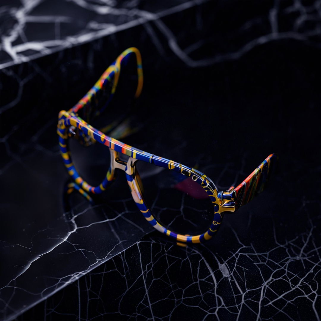 Close-up photograph of 90s inspired sunglasses on a black marble surface with dramatic lighting and immaculate composition, reminiscent of an editorial magazine photoshoot